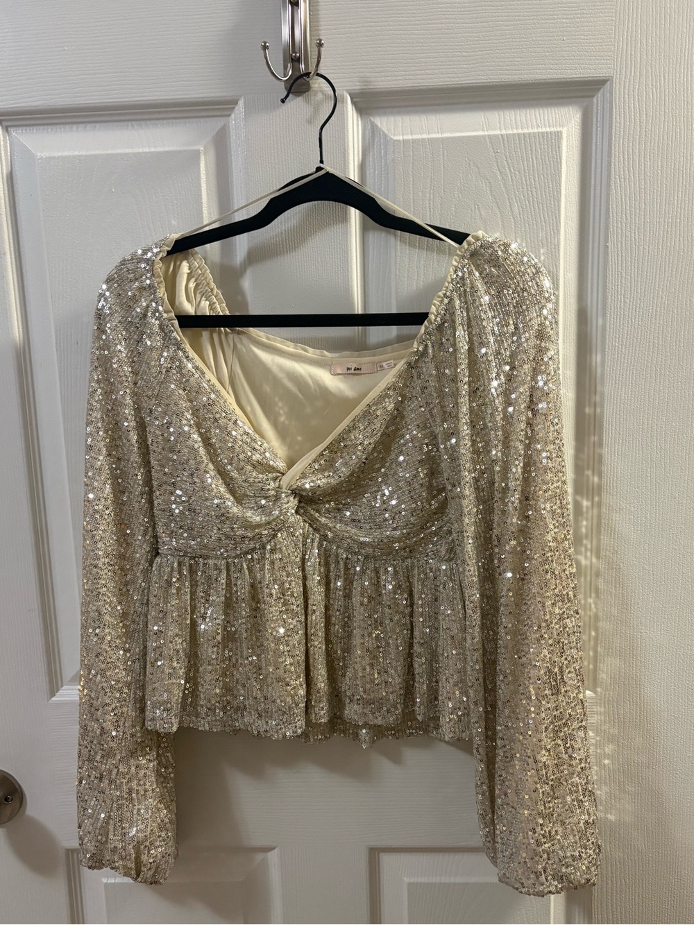 Mi Ami Champagne Sequin Twist-Peplum Blouse